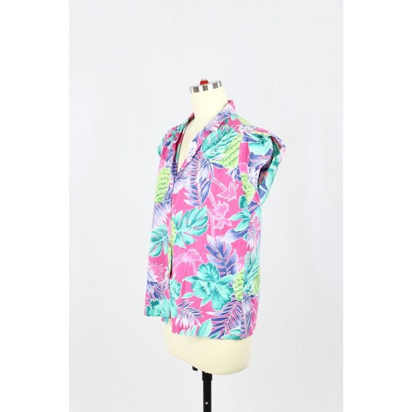 Vintage 90s HILO HATTIE Hawaiian Floral 100% Cotton Cap Sleeve Shirt Top, Size L - Picture 4 of 10